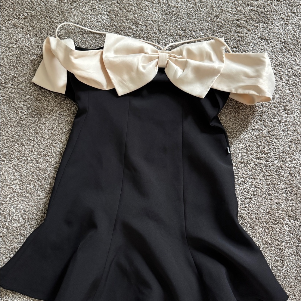 Girls Black Dress with Cream Bow Trim